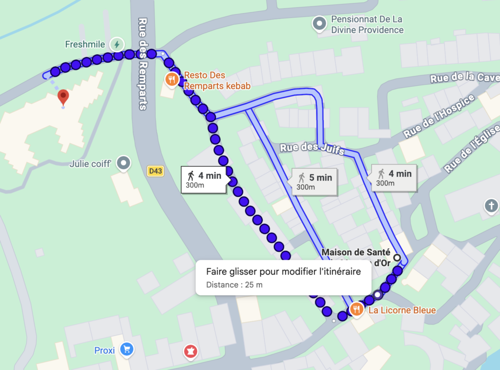 Plan du trajet du parking à la maison de santé du mouton d'or